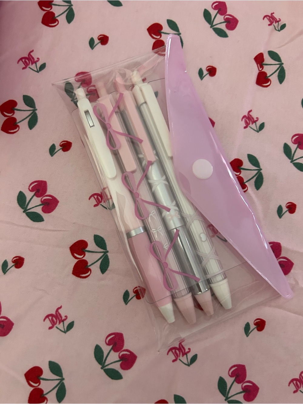 Cute Pastel Pink Pen Set with Pink Snap Pouch